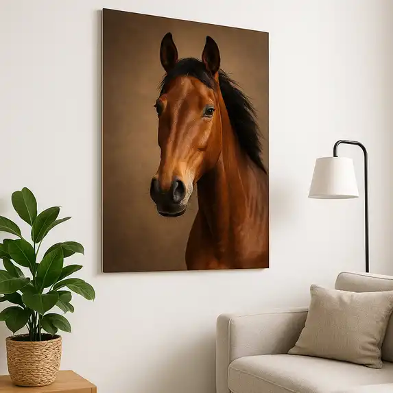 Foto op hardboard met paard als stijlvolle wanddecoratie in de woonkamer.